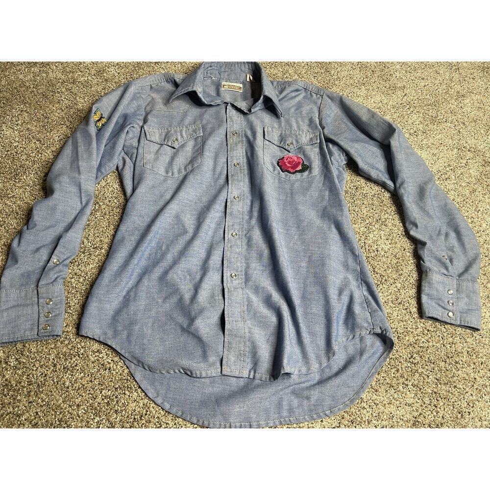 Vintage Sears Western Wear Pearl Snap Shirt Butterfly Flower Appliqué 15-15.5 - Picture 2 of 9